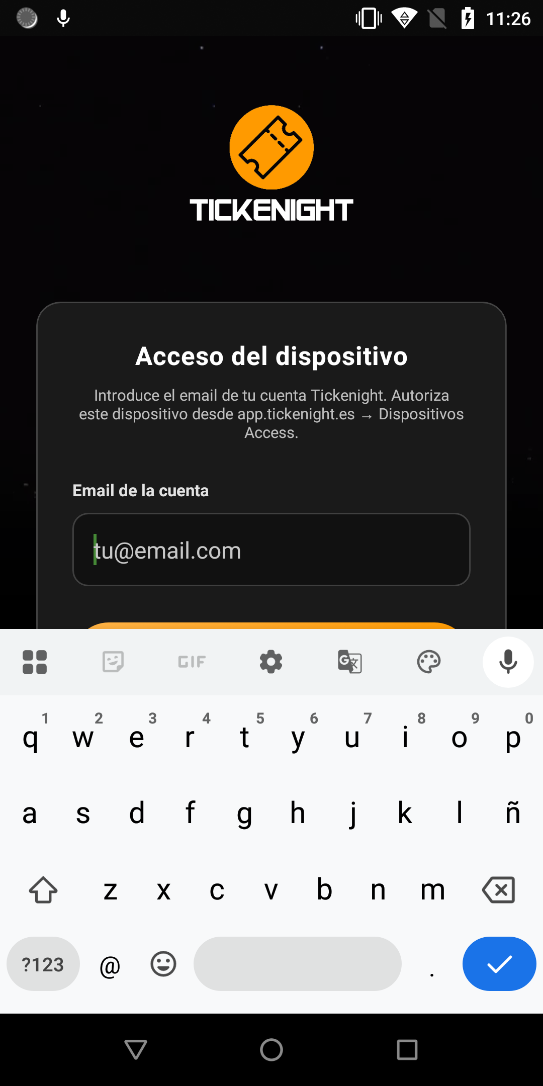 Tickenight Access Android — solicitud de acceso con email de cuenta