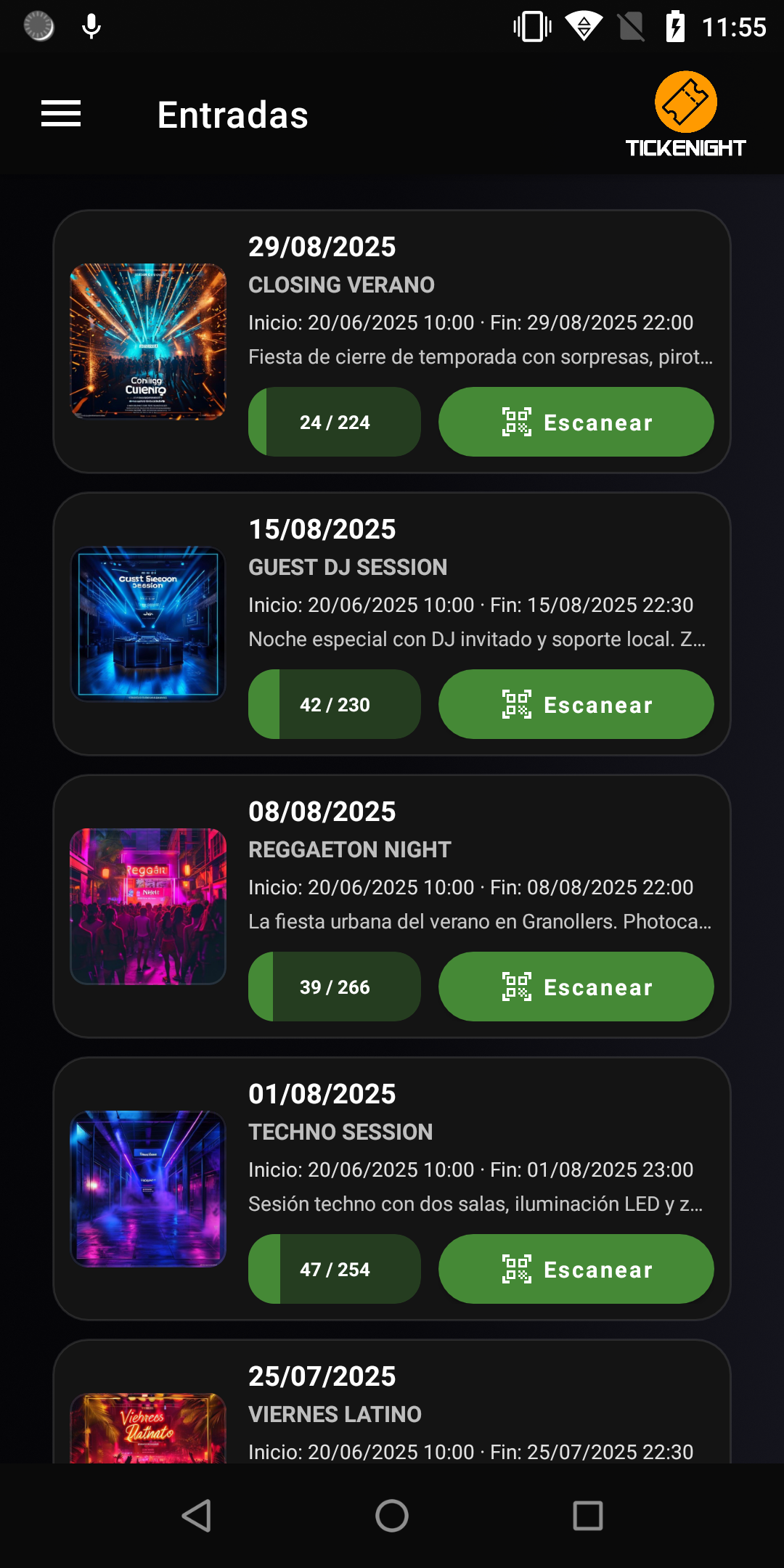 Tickenight Access Android — listado de eventos con contador de entradas validadas
