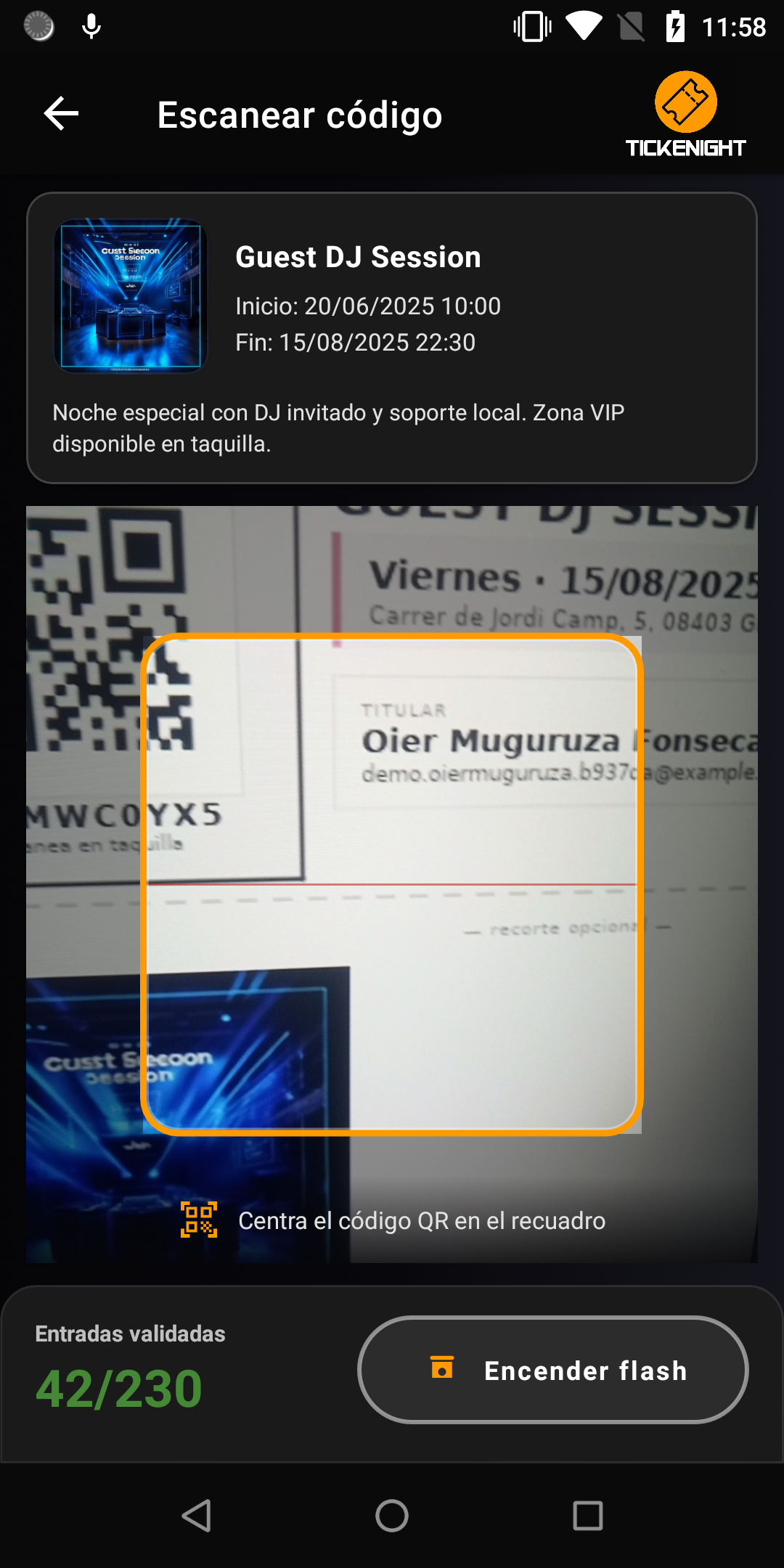 Tickenight Access Android — escaneo de código QR en puerta