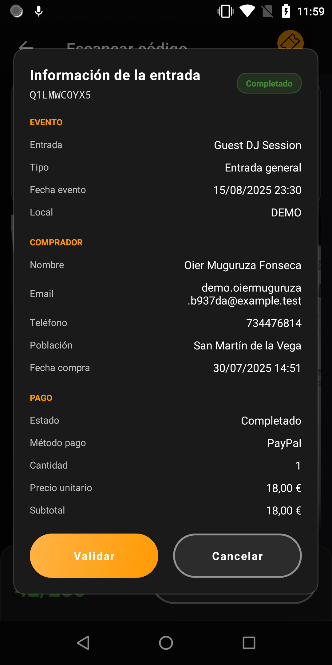 Tickenight Access Android — información del pedido antes de validar