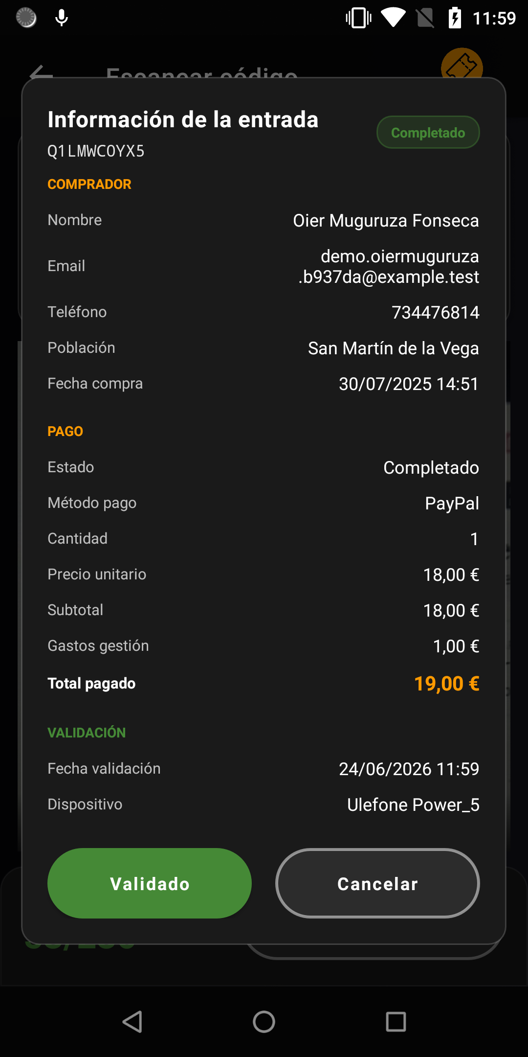 Tickenight Access Android — confirmación de entrada validada
