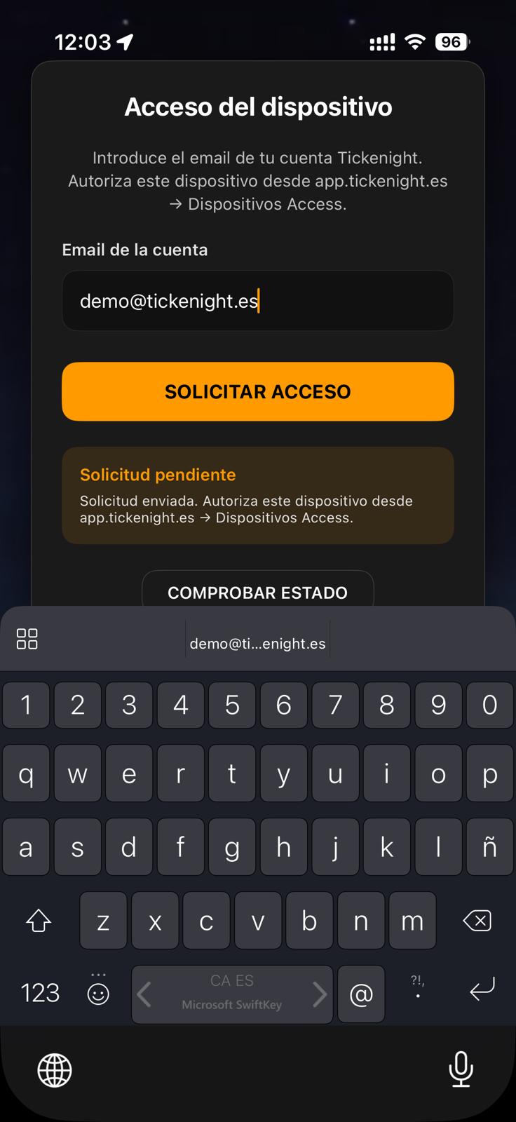 Tickenight Access iOS — solicitud de acceso con email de cuenta
