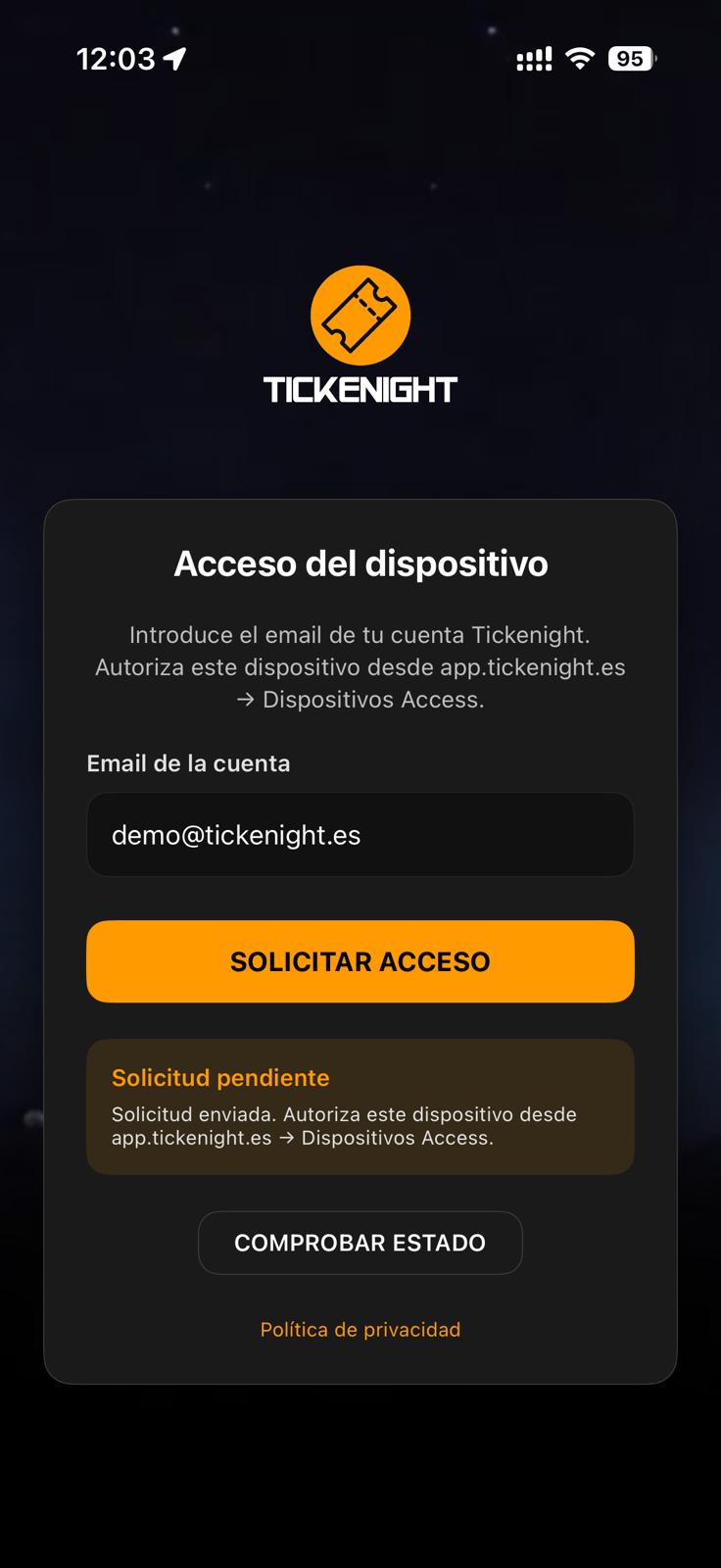 Tickenight Access iOS — solicitud enviada pendiente de autorización