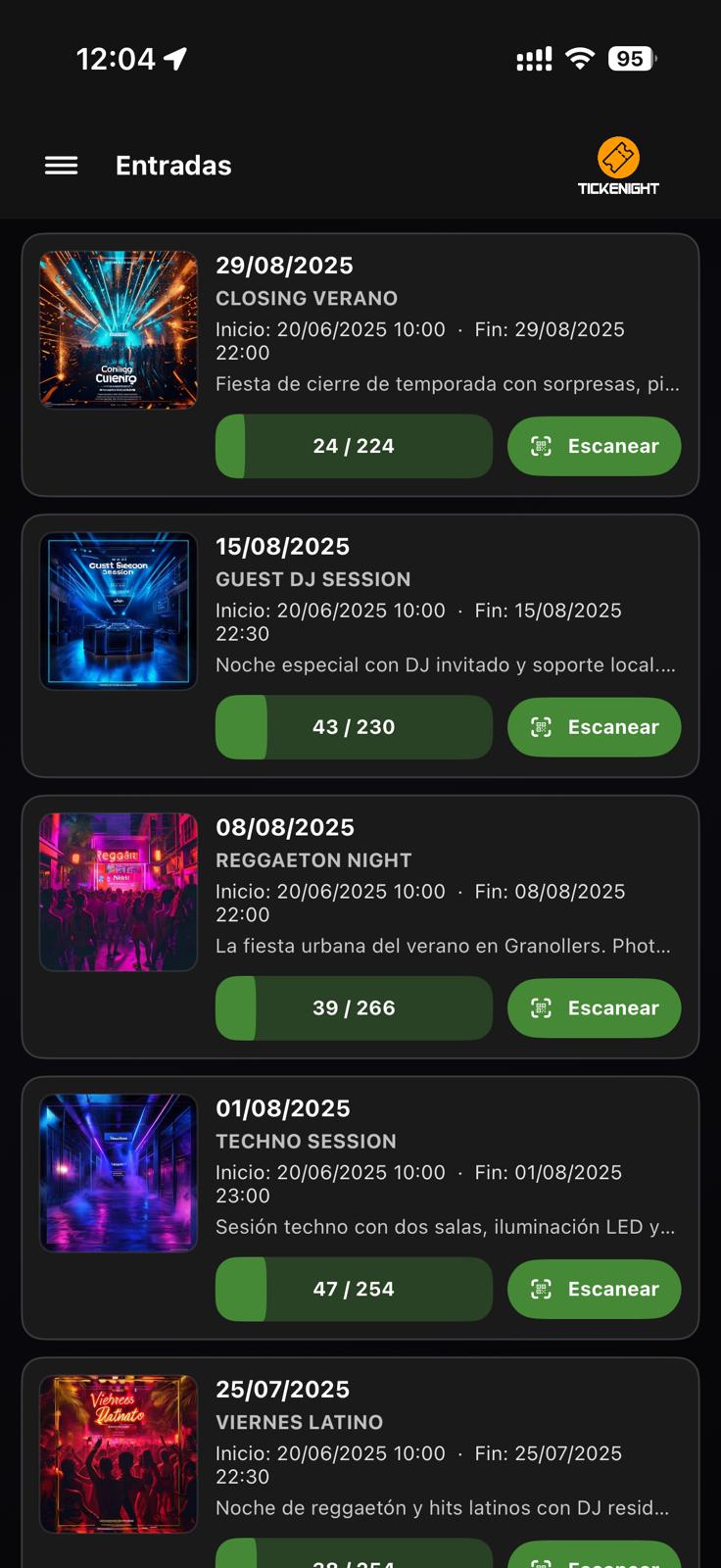 Tickenight Access iOS — listado de eventos con contador de entradas validadas