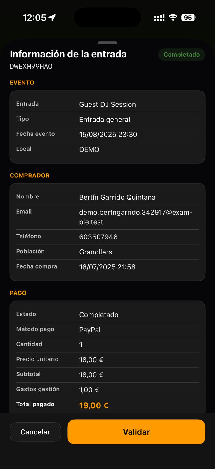 Tickenight Access iOS — información del pedido antes de validar