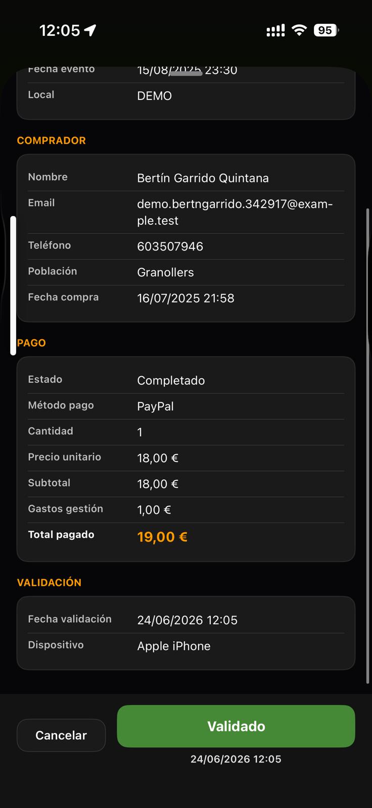 Tickenight Access iOS — confirmación de entrada validada